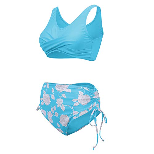 IHEHUA Bikini para mujer, sexy, traje de baño para la playa, estampado de cintura alta, bañador de dos piezas, con chaleco acolchado push-up A-azul. L