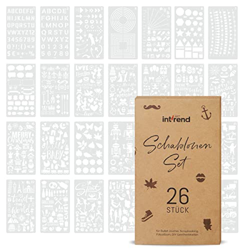 Int!rend Plantillas Bullet Journal - 26 Plantilla de Dibujo y Letras para Pintar - Stencil para Manualidades con Patrones para Álbumes de Recortes, Fotos y Tarjetas de Bricolaje