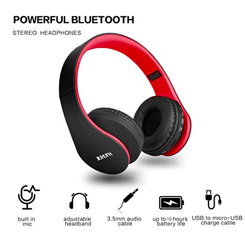 JIUHUFH Auriculares Bluetooth con Micrófono Incorporado/ Reproductor de MP3 / Radio FM / Manos Libres para Teléfonos Celulares (Rojo)