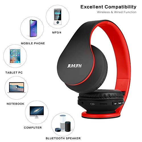 JIUHUFH Auriculares Bluetooth con Micrófono Incorporado/ Reproductor de MP3 / Radio FM / Manos Libres para Teléfonos Celulares (Rojo)