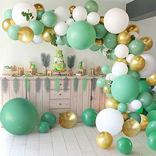 Juego de 162 globos verdes de salvia con globos de látex de oro blanco para niñas y niños, fiesta de cumpleaños, boda, decoración de fiesta de safari en la selva