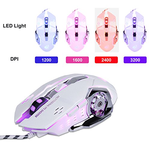 Lancoon Juego De Ratón con Cable, Ratones ópticos para Juego con 6 Botones, 4 Respiradores Retroiluminados, Agarres Ergonómicos y Niveles de Ajuste de 4 dpi para PC, Portátil y Mac - GM05 Blanco