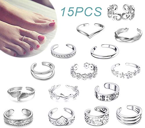 LOLIAS 15 Pcs Set Anillos Dedo del Pie Anillos para Mujer Niña Nudo Celta Flor Margarita Ondulación Kink Anillos de Apertura Ajustable Pie Joyería Regalos