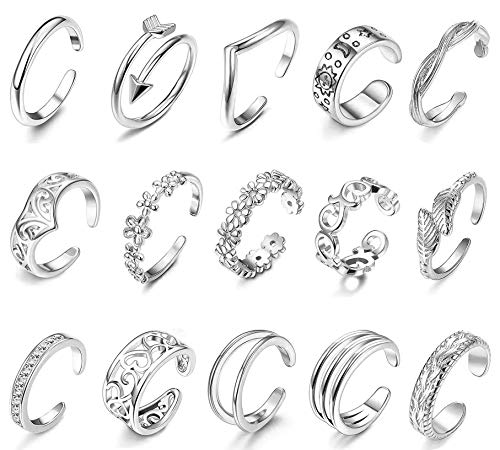 LOLIAS 15 Pcs Set Anillos Dedo del Pie Anillos para Mujer Niña Nudo Celta Flor Margarita Ondulación Kink Anillos de Apertura Ajustable Pie Joyería Regalos