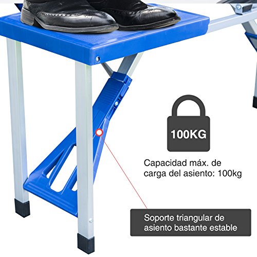 Outsunny Mesa Maleta de Camping Plegable Portátil 4 Asientos y Agujero Sombrilla Estructura Aluminio Playa Picnic 84.5x64.5x66cm (Azul)