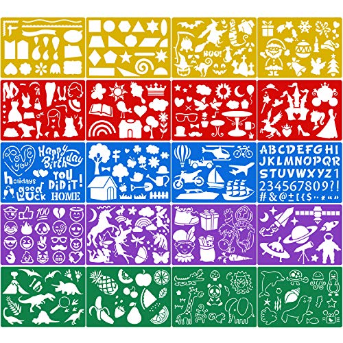 Qpout 20 Piezas Plantillas de Dibujo en Color para niños, Plantillas de Pintura plástica para niños cumpleaños Halloween Navidad Dinosaurio Fiesta Regalo Suministros Herramienta de Pintura Preescolar