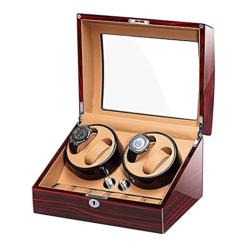 QTFBYT Enrollador de Reloj para 4 Relojes automáticos + 6 de Almacenamiento Pintura de Piano de Madera Exterior Motor silencioso Adaptador de CA y Alimentado por batería Happy Life