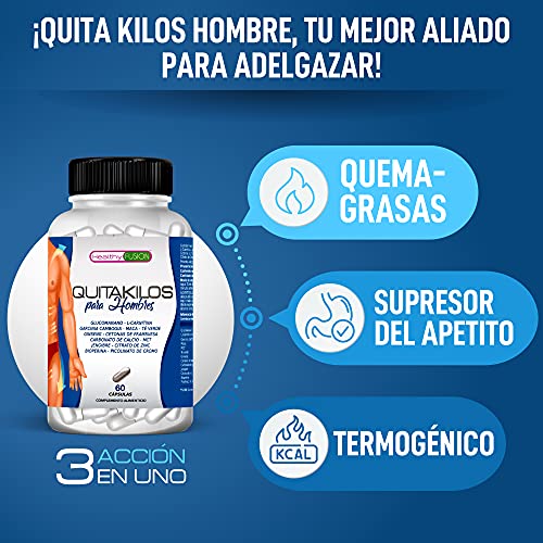 QUITA KILOS | Potente adelgazante para hombres | Quemagrasas, reductor del apetito y estimulante del metabolismo | Redefine tu silueta | Mejora tus entrenamientos físicos | Sin efectos rebote | 60U.