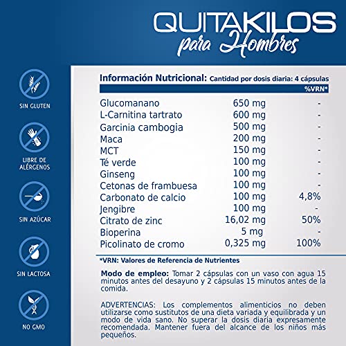 QUITA KILOS | Potente adelgazante para hombres | Quemagrasas, reductor del apetito y estimulante del metabolismo | Redefine tu silueta | Mejora tus entrenamientos físicos | Sin efectos rebote | 60U.