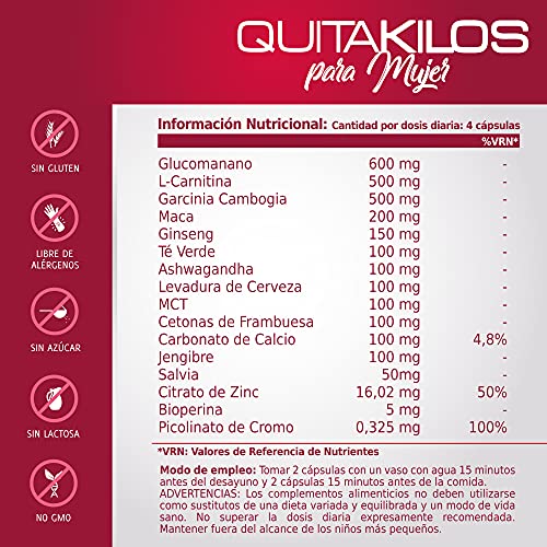 QUITAKILOS MUJER | Potente adelgazante para mujeres | Quemagrasas, reductor del apetito y estimulante del metabolismo | Redefine tu silueta eliminando grasa y kilos | Sin efecto rebote | 60U.