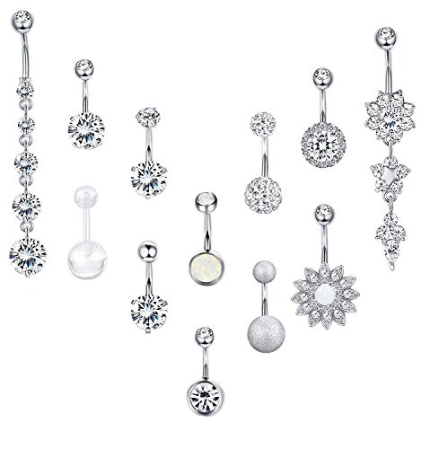 SMCTCRED Barras del Vientre, 11PCS 316L Acero quirúrgico CZ Las Barras del Vientre con cuelgan Zirconia cúbica Curvantes Piercings Joyas para Mujeres (12 Piezas)