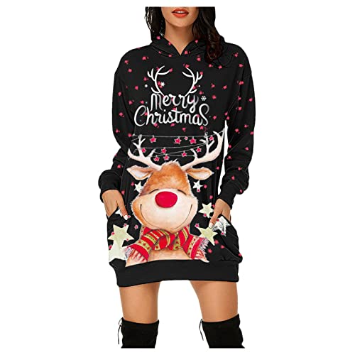 Sudadera con Capucha para Mujer Vestido Suéter con Capucha con Capucha de Otoño Hoodie Merry Christmas Manga Larga Elegante Vestidos Jersey con Reno Suéter Navidad Sweater Camisetas con Bolsillo