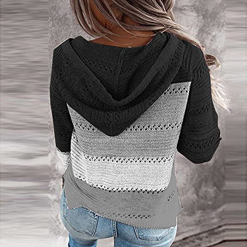 Suéteres ligeros con capucha de bloque de color de manga larga con cuello en V y cordón suelto/Sudaderas con cremallera completa, C-negro, M