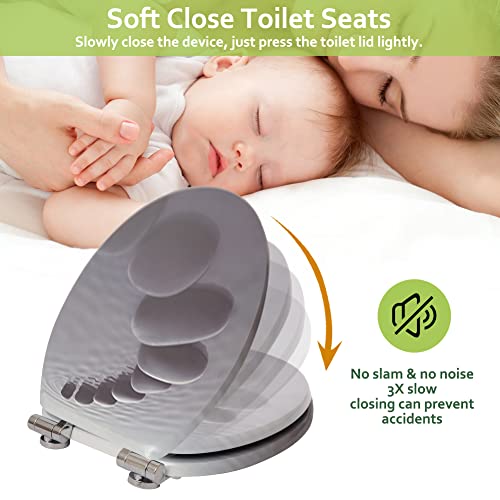 Tapa de WC, SINOBATH Asiento para Inodoro Universal Cierre Suave Lento de Madera, Alta Calidad y Muchos Motivos, Montaje Fácil, Bisagras Ajustables(Piedra negra)