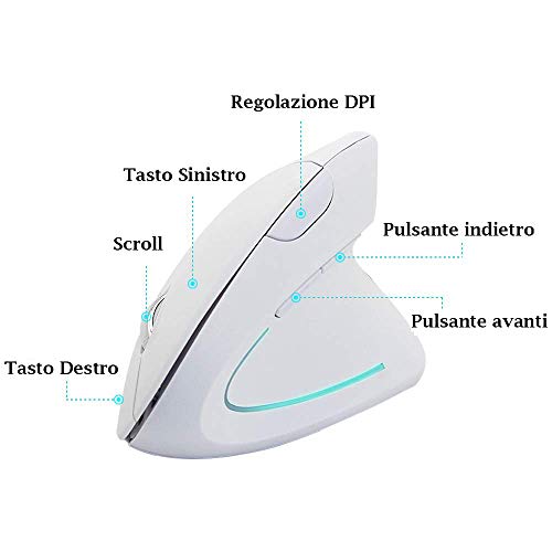 Tech Stor3 - Ratón Vertical inalámbrico óptico sin Cables, 6 Botones, diseño ergonómico, Evita el Trastorno del túnel carpiano (síndrome RSI), Color Blanco