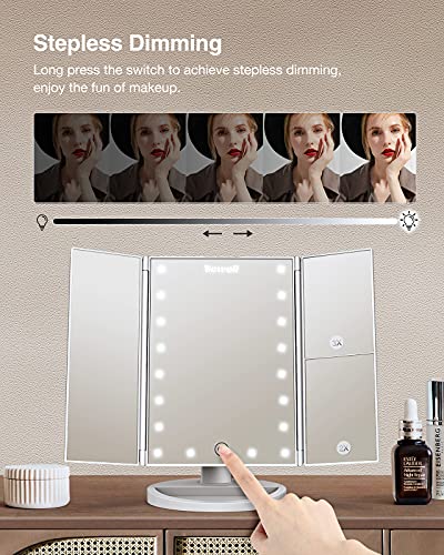 TICWELL Essential Espejo de Maquillaje con Luces Espejo Triple con luz de tocador 1x 2X 3 aumentos, Espejo Triple con Control táctil Ajustable con 21 Luces LED, Rotación de 180 ° Portátil