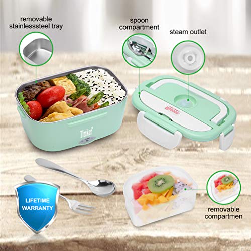 Timker 12V 24V 220V Fiambrera Electrica 3 in 1 para Coche/Camión y Trabajo Termo Comida 40W con Dos Compartimentos Bandeja Extraíble de Acero 304 Inoxidable Portátil 1.5L-304 Tenedor y Cuchara