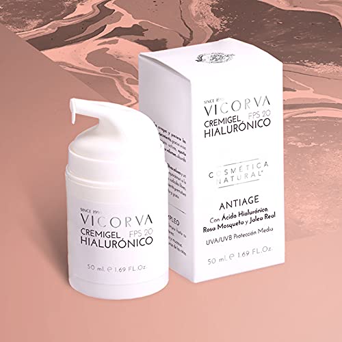 VICORVA CREMIGEL HIALURÓNICO FPS 20 | Antiage Facial con Ácido Hialurónico, Rosa Mosqueta y Jalea Real | Para pieles mixtas y grasas | Protección Solar UVA/UVB Media | 50ml