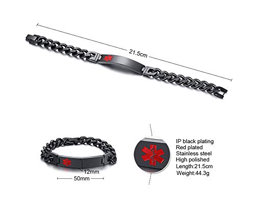 VNOX Negro Galvanizado 12mm Acero Inoxidable Alerta Médica Cadena de Identificación Pulsera Hombre y Mujer 21cm