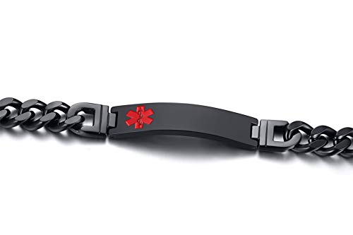 VNOX Negro Galvanizado 12mm Acero Inoxidable Alerta Médica Cadena de Identificación Pulsera Hombre y Mujer 21cm