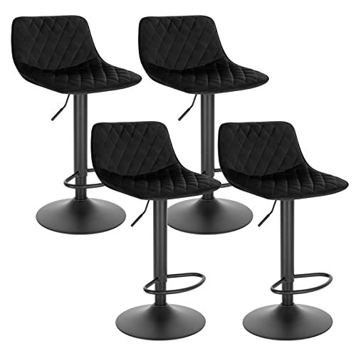 WOLTU 4X Taburetes Bar con Respaldo Taburete Giratorio con Respaldo Altura Ajustable de 59,5-81cm Juego de 4 Taburete Altos Cocina Comedor Silla Bar Terciopelo Negro BH315sz-4