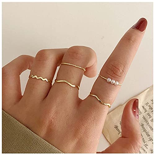 Yheakne Boho - Juego de anillos apilables para nudillos con perlas doradas, anillos minimalistas para los dedos de los pies, anillos para las articulaciones tallados para mujeres y niñas (estilo C)